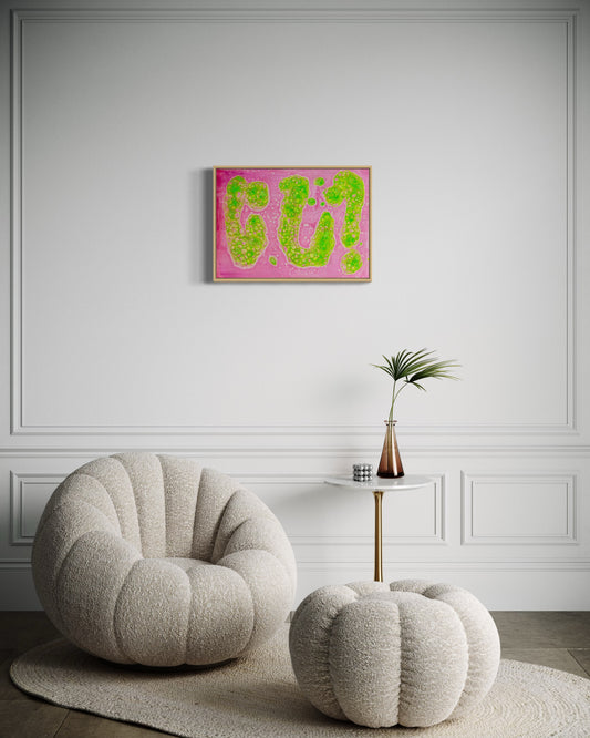 Kunstwerk von Jennifer Kemmling mit dem Titel "Excuse me???", 50cm hoch und 70cm breit, mit den Farben Pink und Grün.