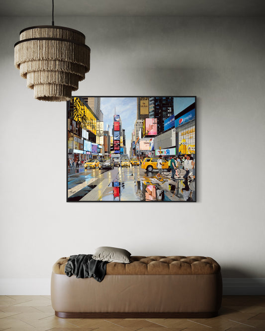 Thomas Düwer zeigt sein einzigartiges Kunstwerk "Rainy Timesquare" Format: 135x110cm Material: Acryl auf Leinwand Jahr: 2022