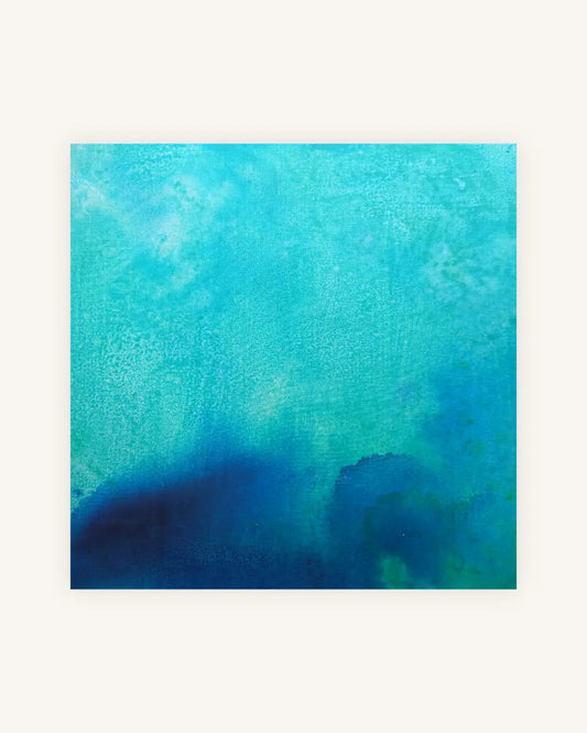 Mare Quietum  – das stille Meer. Ein luftiges Werk aus Acryltinte, Wasser und Alkohol, meditativ und tief. Der ruhige Kumpel von Aqua Flores Quadrata – jedes Bild ein quadratisches Gedicht in Farbe und Form 0