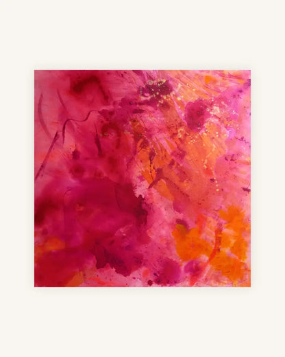 „Crimson Bloom“ – abstraktes Acryltintenbild in Purpurrot und Rosa 0