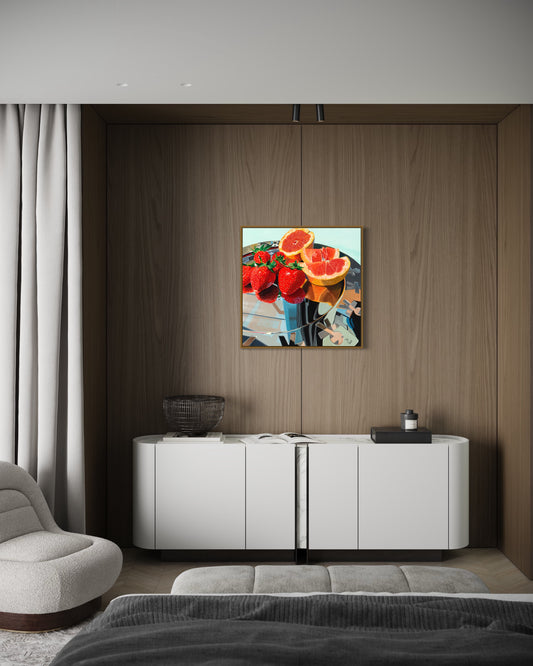 Thomas Düwer mit seinem Kunstwerk "Stillleben II"  Format: 80x80cm  Material: Acryl auf Leinwand&nbsp;  Jahr: 2023