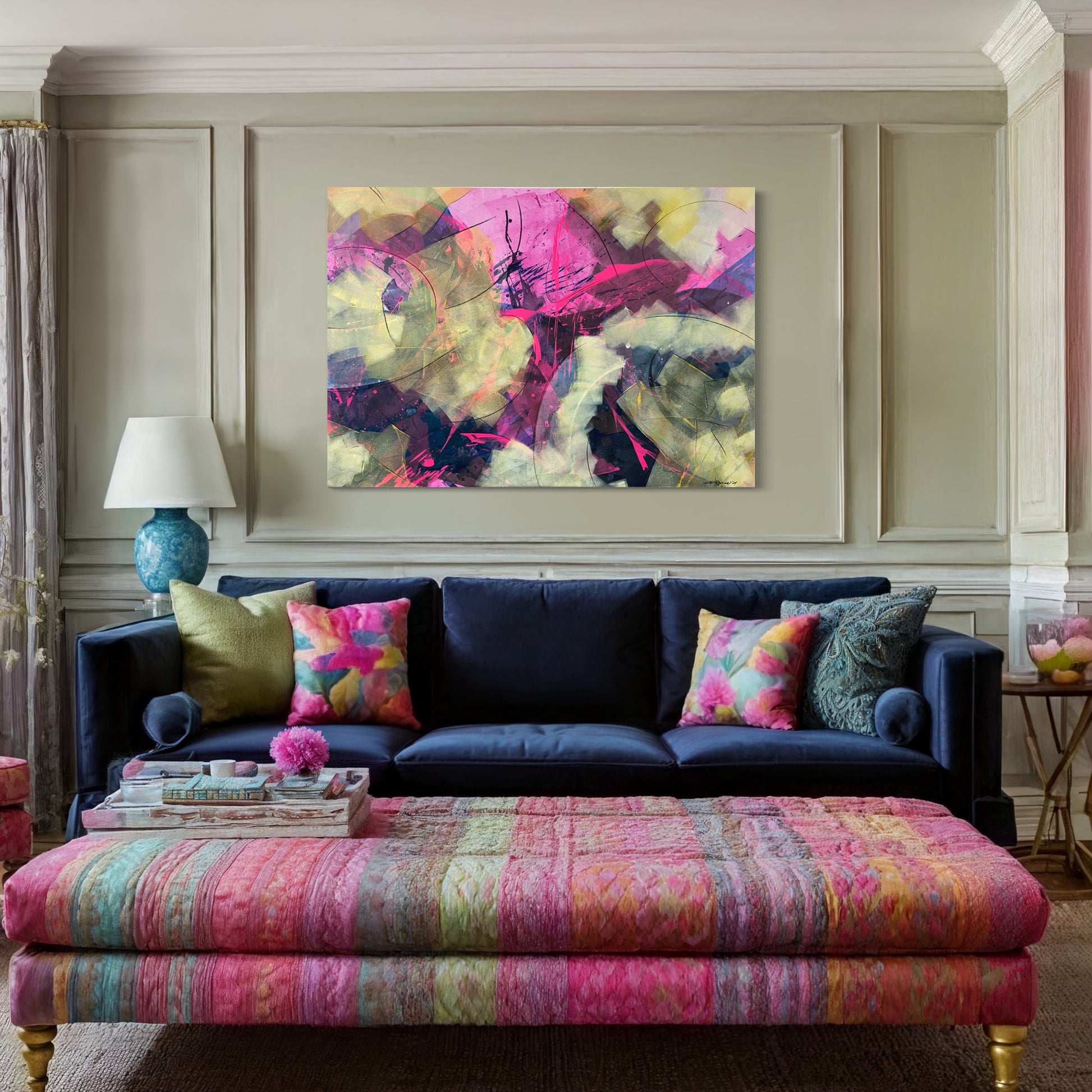 Kunstwerk von Claudio Di Marco mit dem Titel "abstrakt Nr. 17", 105cm hoch, 150cm breit und 2cm tief mit den Farben Pink und div. Gelbtöne