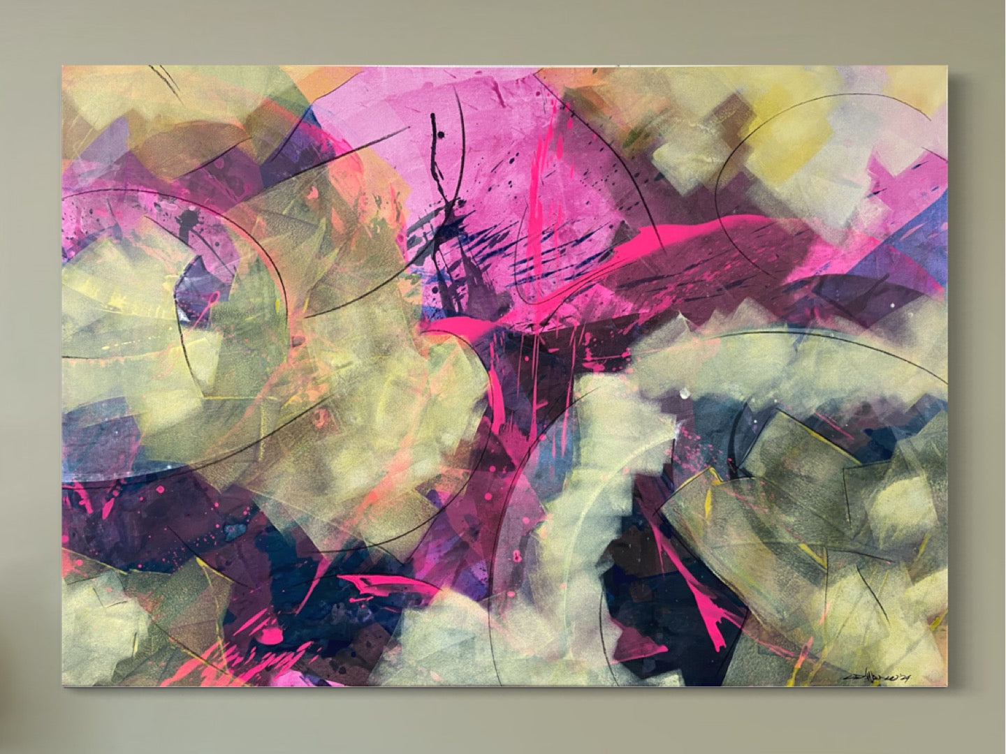 Kunstwerk von Claudio Di Marco mit dem Titel "abstrakt Nr. 17", 105cm hoch, 150cm breit und 2cm tief mit den Farben Pink und div. Gelbtöne