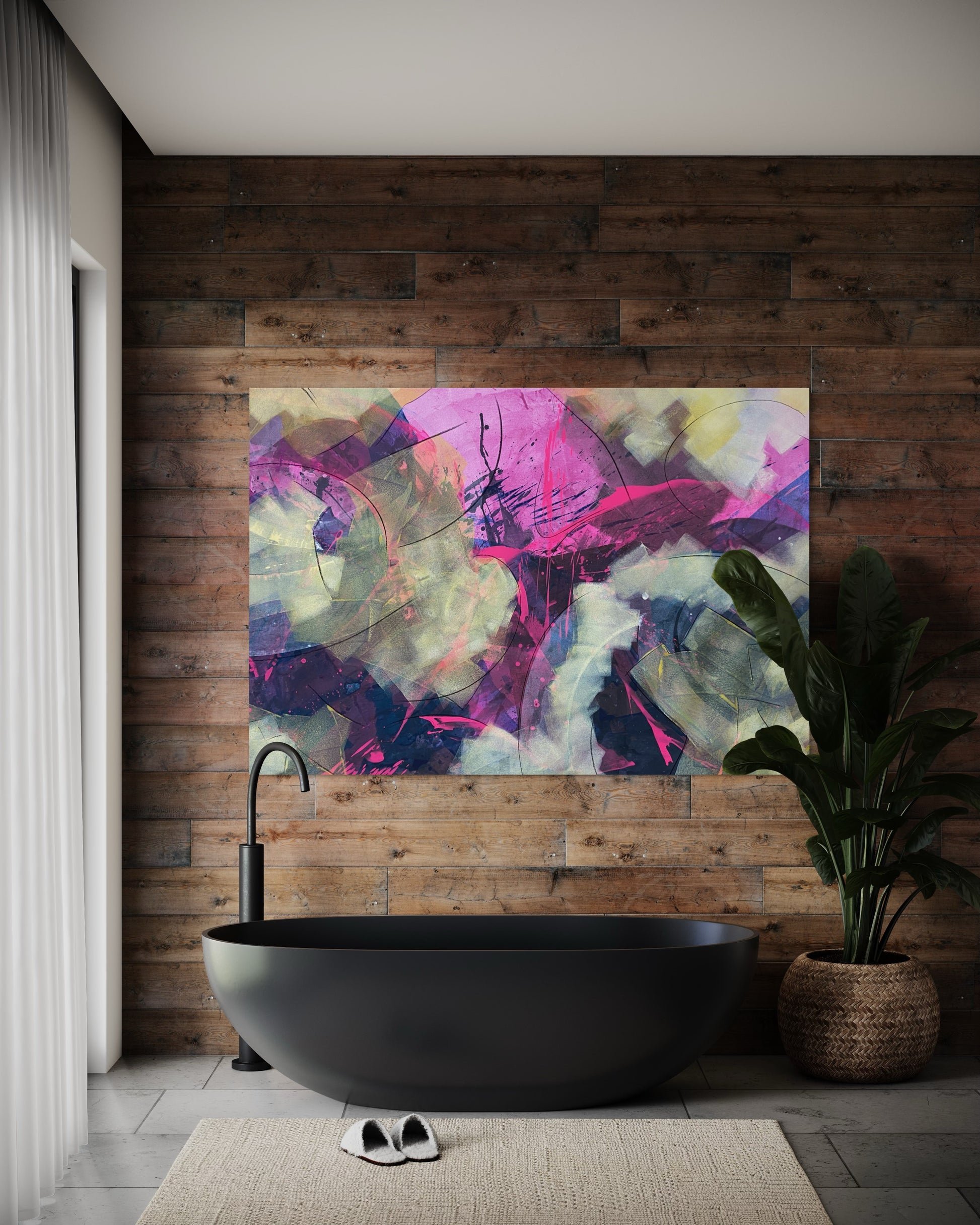 Kunstwerk von Claudio Di Marco mit dem Titel "abstrakt Nr. 17", 105cm hoch, 150cm breit und 2cm tief mit den Farben Pink und div. Gelbtöne