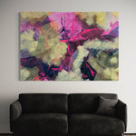 Kunstwerk von Claudio Di Marco mit dem Titel "abstrakt Nr. 17", 105cm hoch, 150cm breit und 2cm tief mit den Farben Pink und div. Gelbtöne