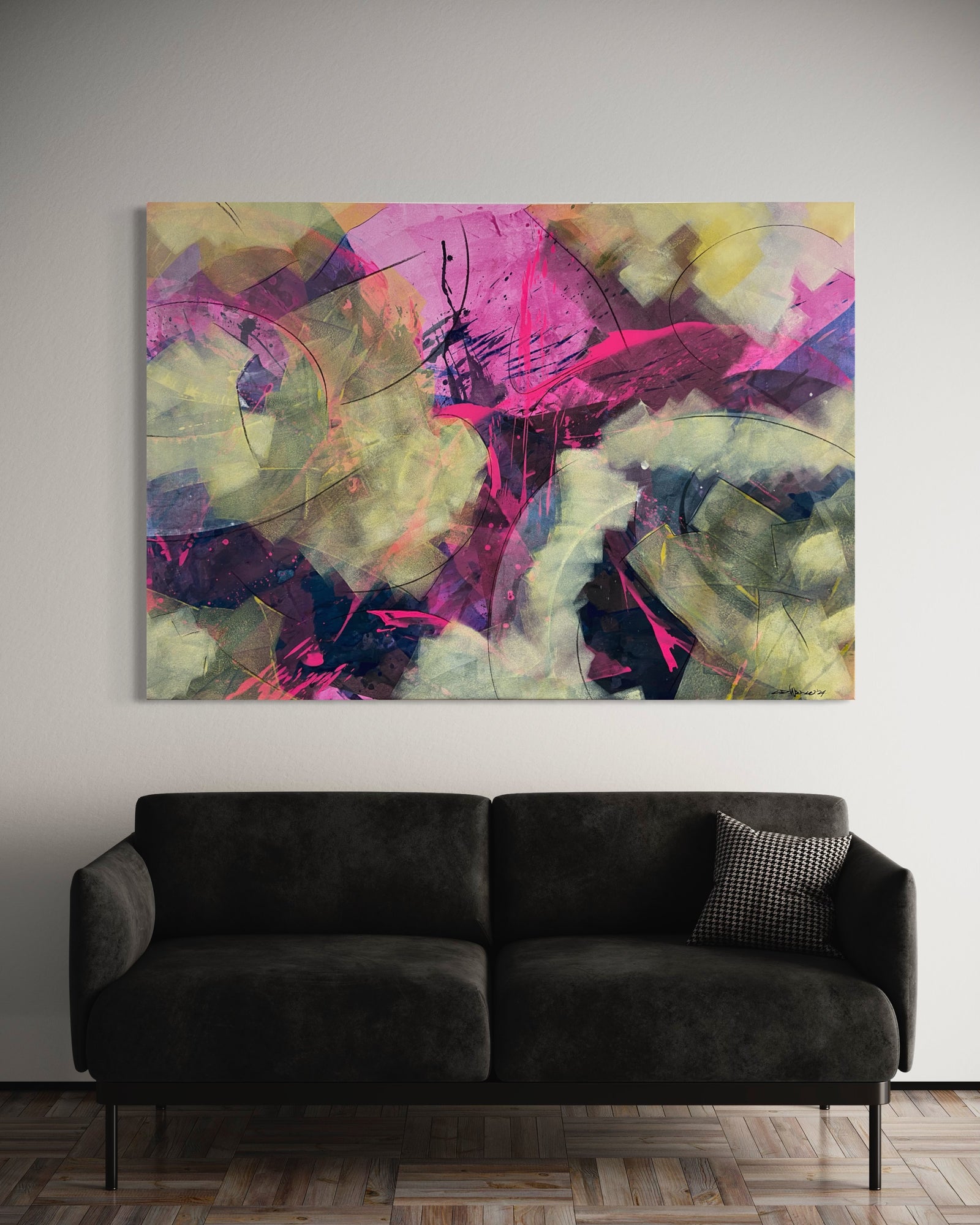Kunstwerk von Claudio Di Marco mit dem Titel "abstrakt Nr. 17", 105cm hoch, 150cm breit und 2cm tief mit den Farben Pink und div. Gelbtöne