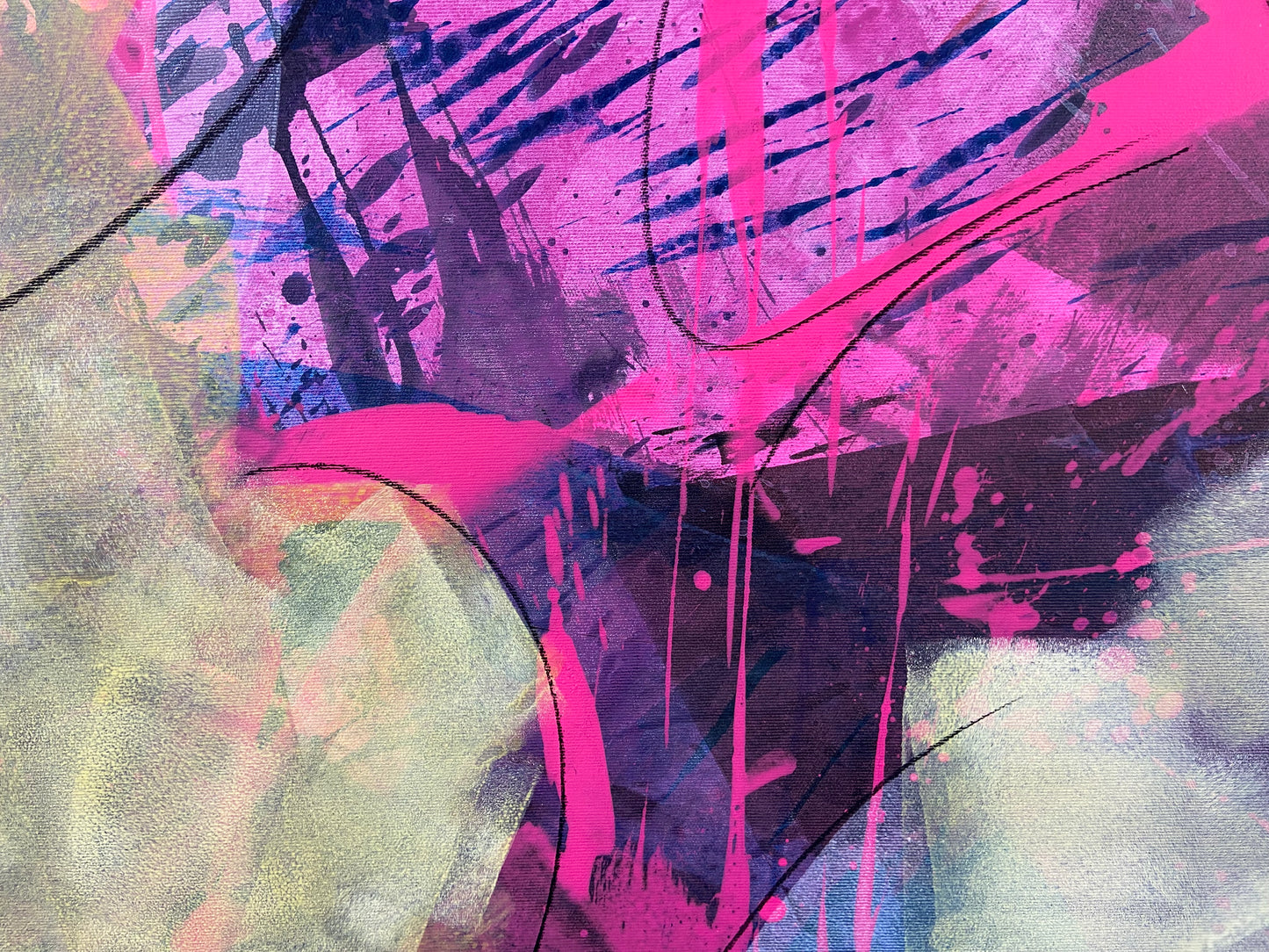 Kunstwerk von Claudio Di Marco mit dem Titel "abstrakt Nr. 17", 105cm hoch, 150cm breit und 2cm tief mit den Farben Pink und div. Gelbtöne