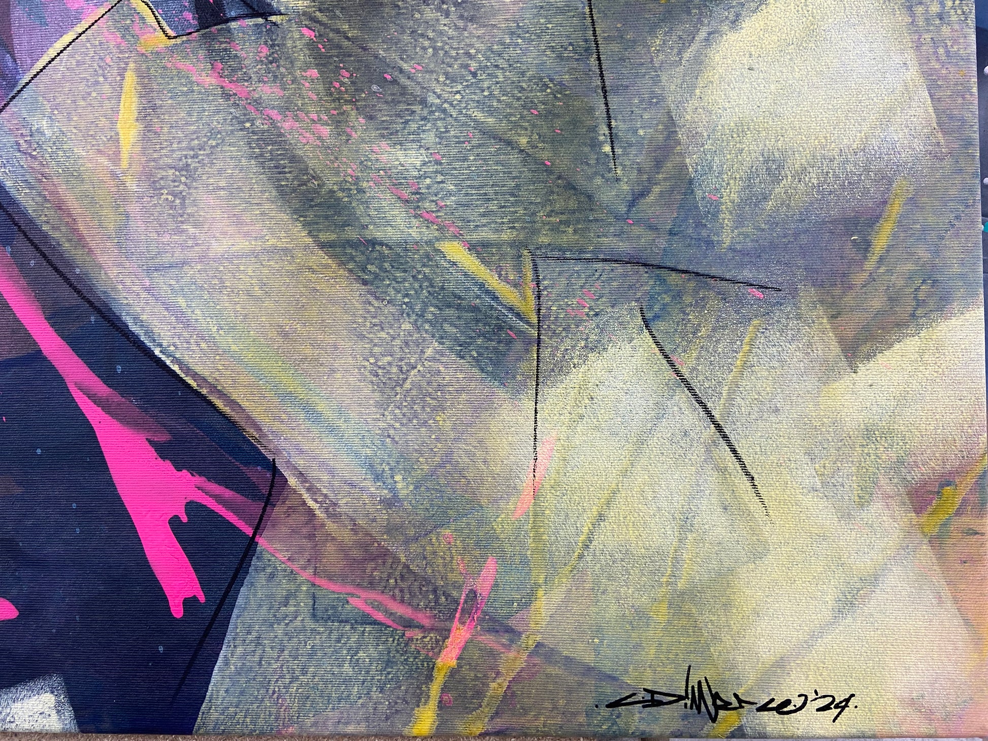 Kunstwerk von Claudio Di Marco mit dem Titel "abstrakt Nr. 17", 105cm hoch, 150cm breit und 2cm tief mit den Farben Pink und div. Gelbtöne