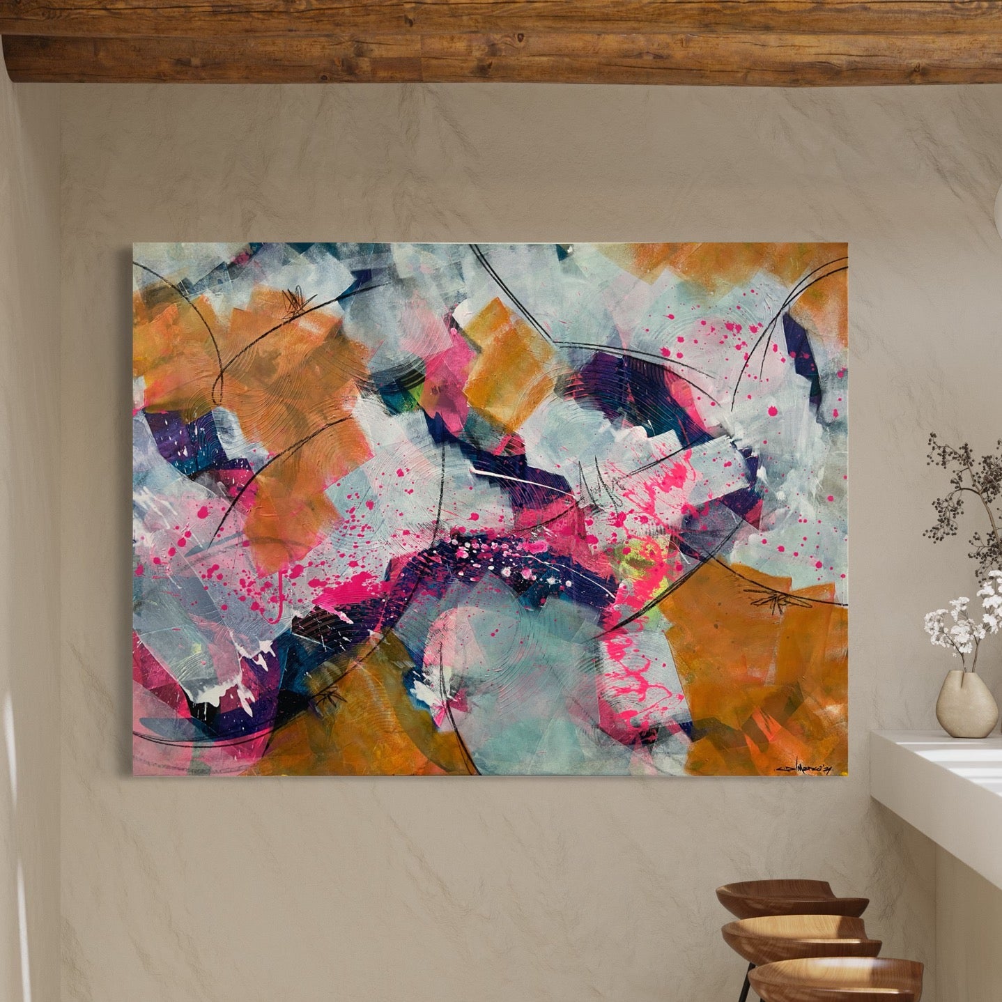 Kunstwerk von Claudio Di Marco mit dem Titel "abstrakt Nr. 4", 110cm hoch, 150cm breit und 2cm tief mit den Farben Pink und div. Gelbtöne