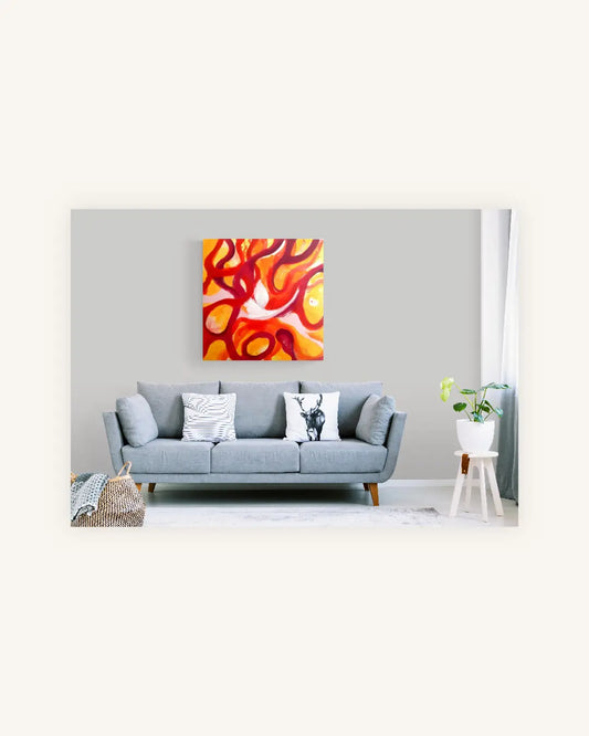 „Fire Dancer“ – abstraktes Acrylbild in leuchtendem Orange und Rot 1