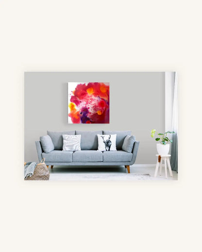 "Mystic Ember" Abstraktes Acryltintenbild in Rot, Orange und Violett 1