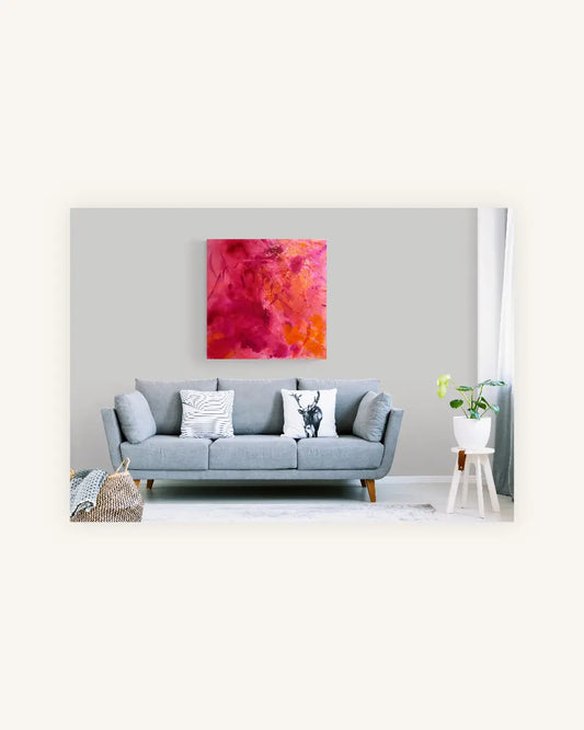 „Crimson Bloom“ – abstraktes Acryltintenbild in Purpurrot und Rosa 1